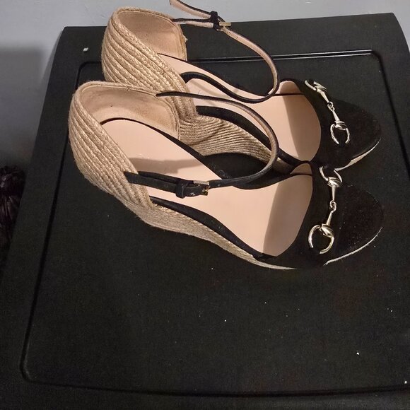 Gucci Horsebit Wedge Espadrille Platform Sandal Heels black suede - Picture 4 of 7
